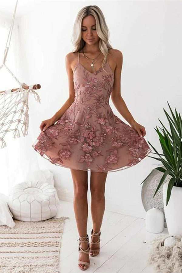 A Line Blush Homecoming Dress With Appliques