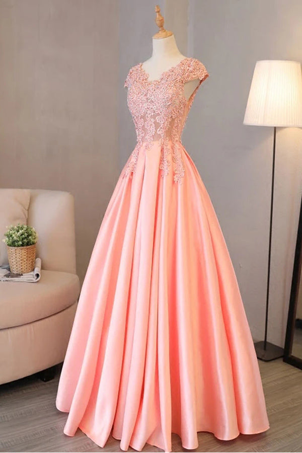 
                      
                        A Line Cap Sleeve Pink Satin Prom Dress Lace Top Evening Dress
                      
                    