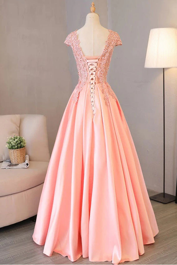 
                      
                        A Line Cap Sleeve Pink Satin Prom Dress Lace Top Evening Dress
                      
                    