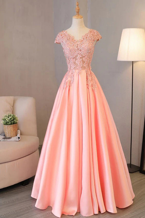 A Line Cap Sleeve Pink Satin Prom Dress Lace Top Evening Dress