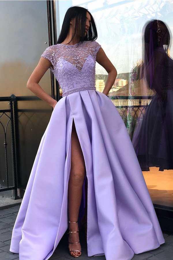 
                      
                        A-line Cap Sleeve Satin Prom Dress Beaded Slit Evening Dress
                      
                    