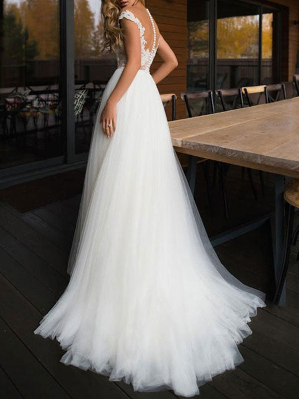 
                      
                        A Line Cap Sleeve Tulle  Lace Long Wedding Dress Ivory Bridal Gown
                      
                    