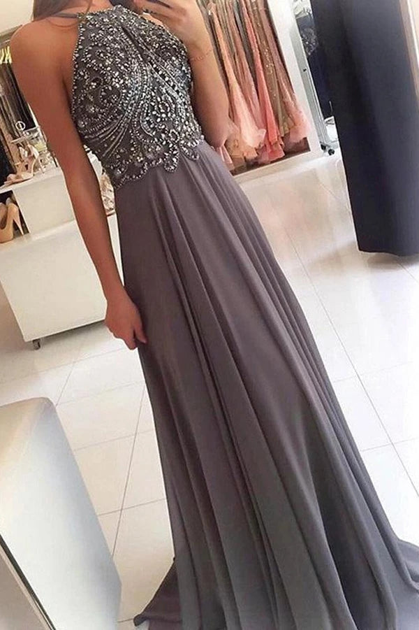 A Line Grey Chiffon Halter Long Prom Dress With Beading