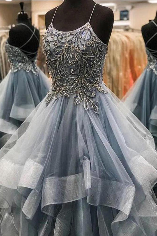 A Line Gray Organza Beaded Prom Dress With Ruffles