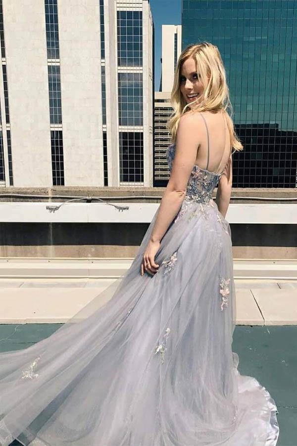 
                      
                        A-Line Gray Tulle Long Prom Dress With Appliques
                      
                    