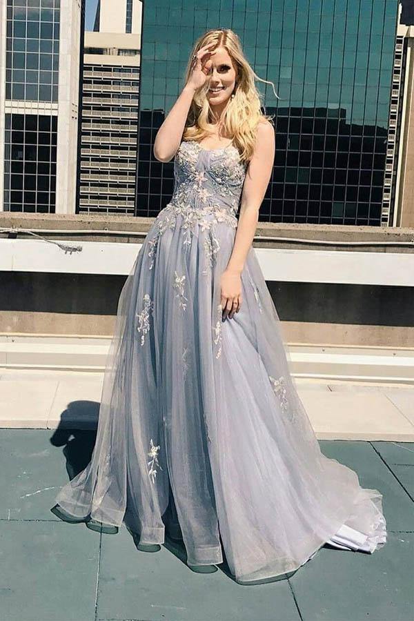 A-Line Gray Tulle Long Prom Dress With Appliques