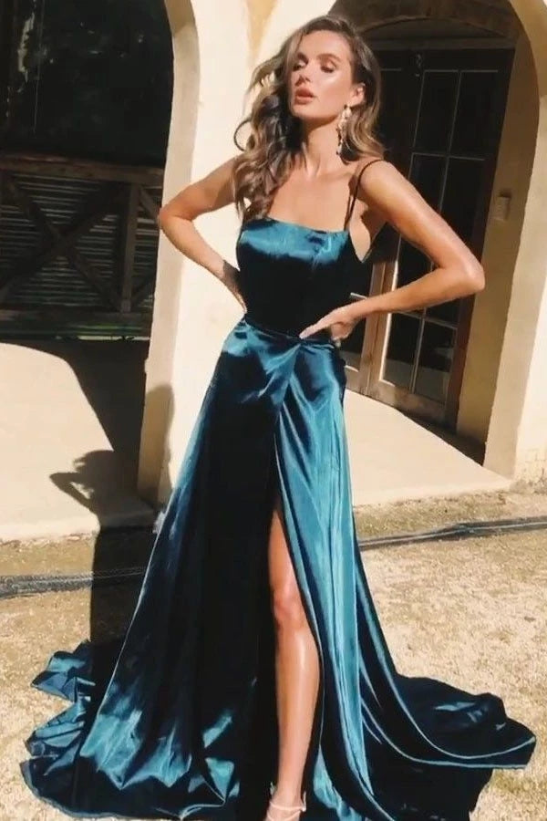 
                      
                        A-line Green Satin Long Prom Dress Split Evening Dress
                      
                    