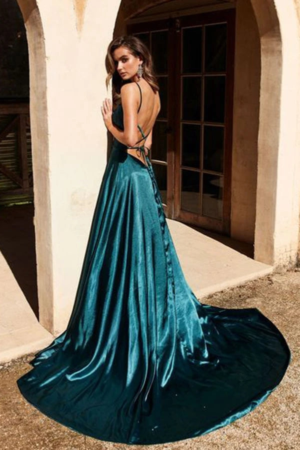 
                      
                        A-line Green Satin Long Prom Dress Split Evening Dress
                      
                    