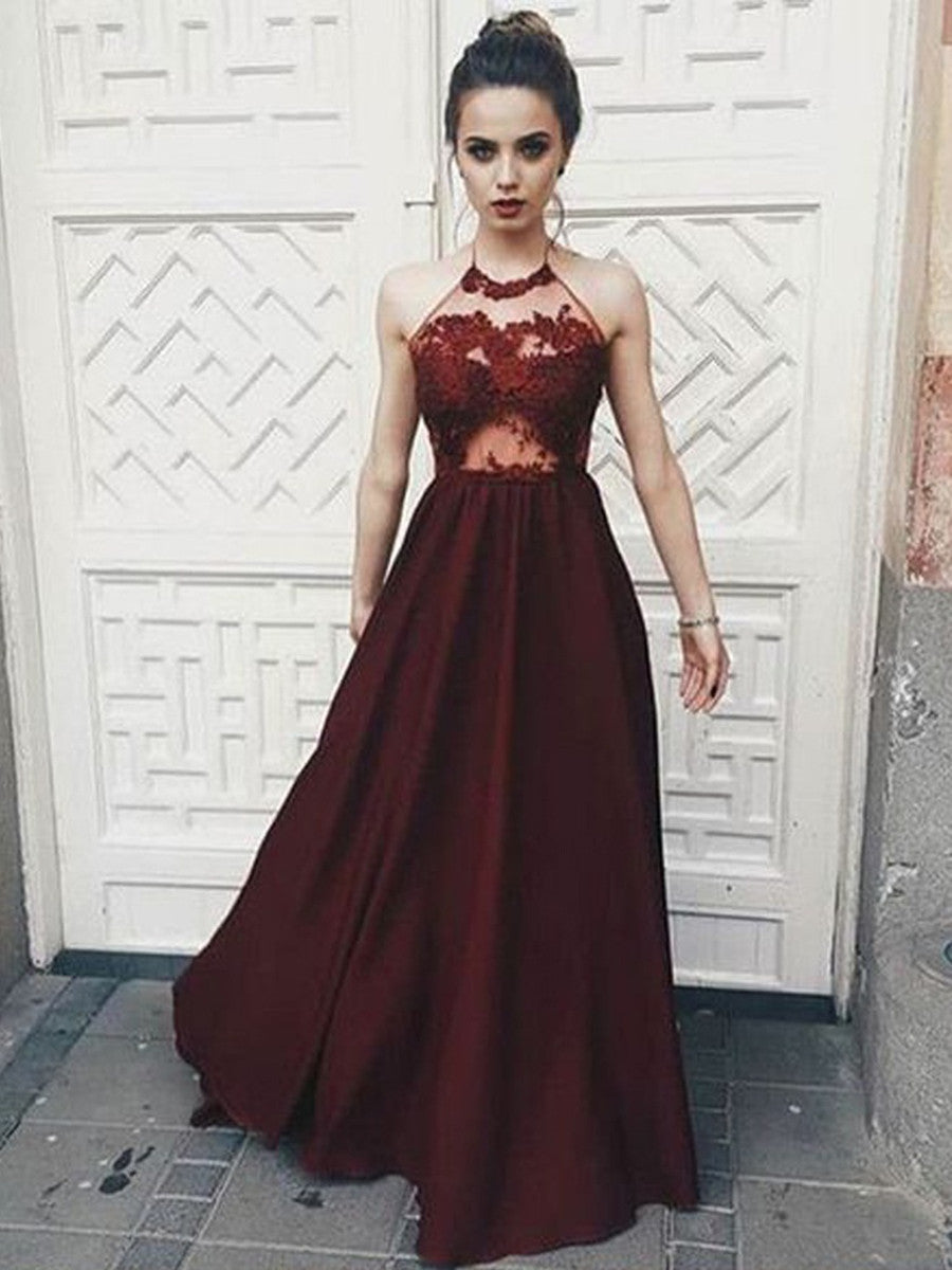 A Line Halter Neck Backless Floor Length Lace Maroon Long Prom Dresses, Maroon Lace Formal Dresses, Evening Dresses