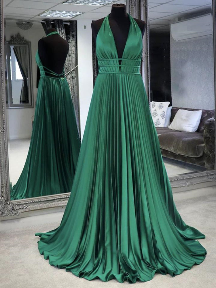 A Line Halter Neck Backless Green Long Prom Dresses, Backless Green Formal Dresses, Green Evening Dresses