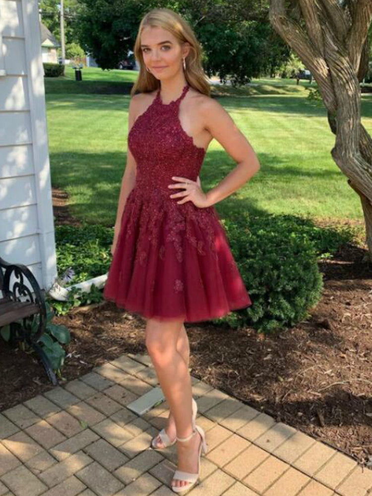 A Line Halter Neck Cross Back Burgundy Lace Short Prom Dresses Homecoming Dresses, Burgundy Lace Formal Graduation Evening Dresses