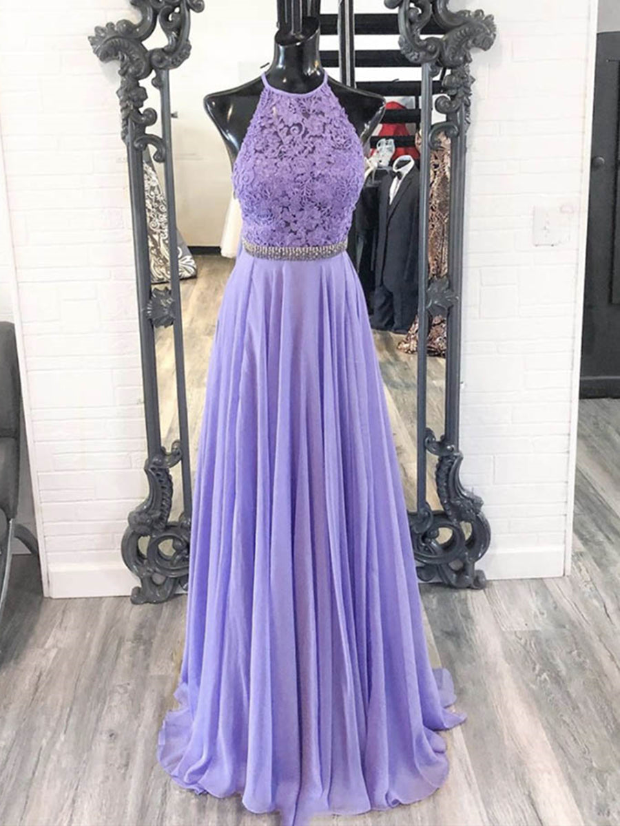 A Line Halter Neck Purple Lace Prom Dresses with Belt, Lilac Lace Formal Dresses, Purple Evening Dresses