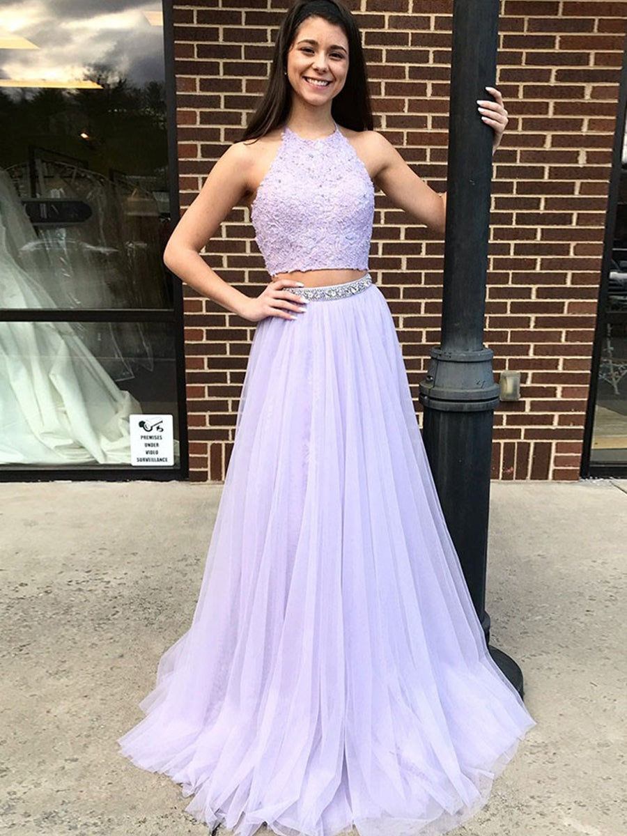 A Line Halter Neck Two Pieces Backless Lace Lavender Prom Dresses, Purple Lace Formal Dresses, Two Pieces Lace Purple Evening Dresses