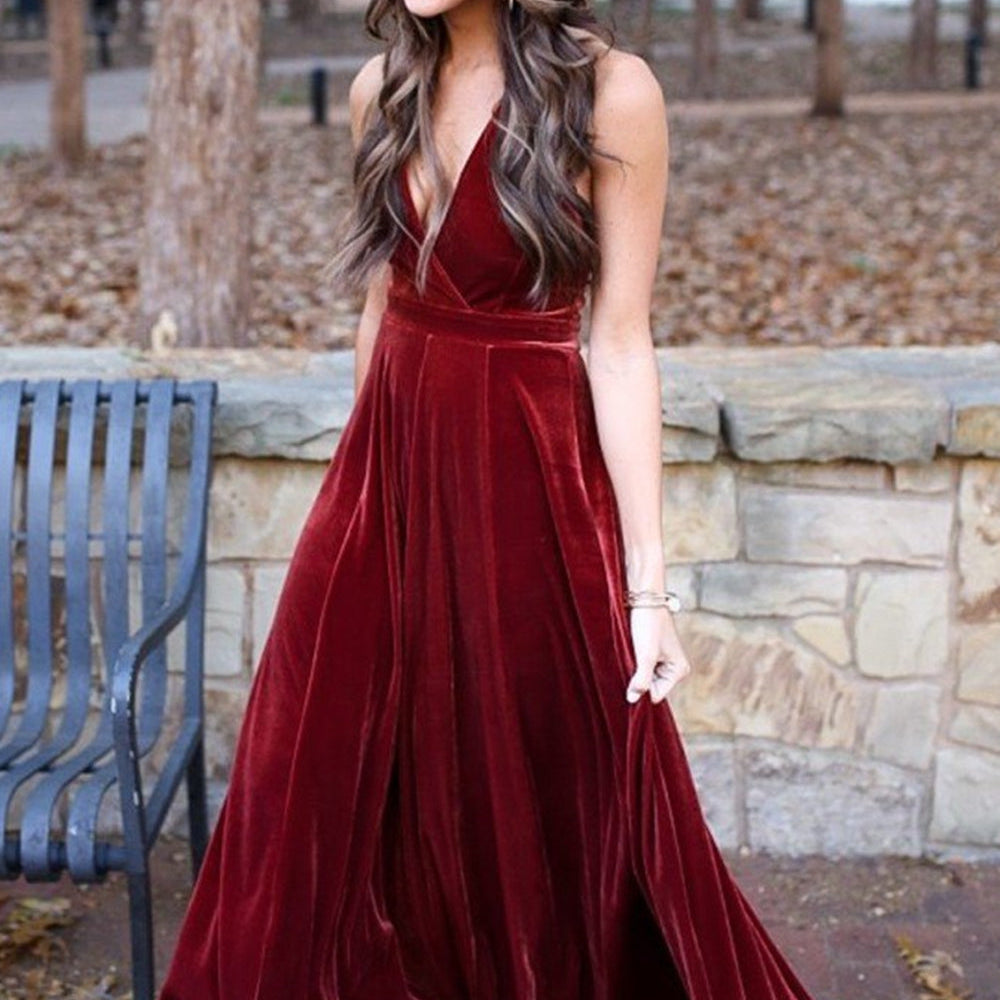 
                      
                        A Line Halter V Neck Backless Ankle Length Burgundy Prom Dresses, Backless Wine Red Velet Formal Dresses, Maroon Evening Dresses
                      
                    