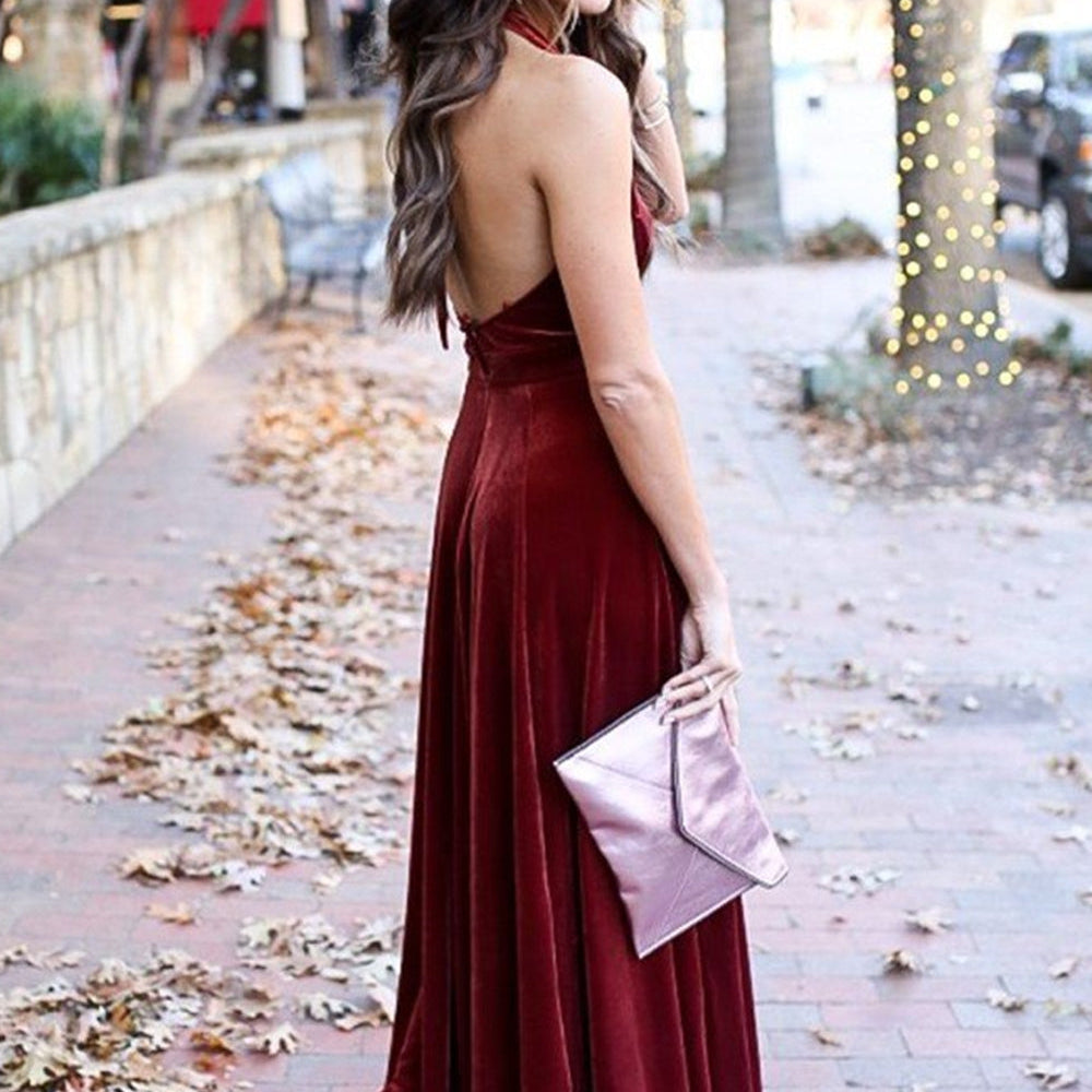 
                      
                        A Line Halter V Neck Backless Ankle Length Burgundy Prom Dresses, Backless Wine Red Velet Formal Dresses, Maroon Evening Dresses
                      
                    