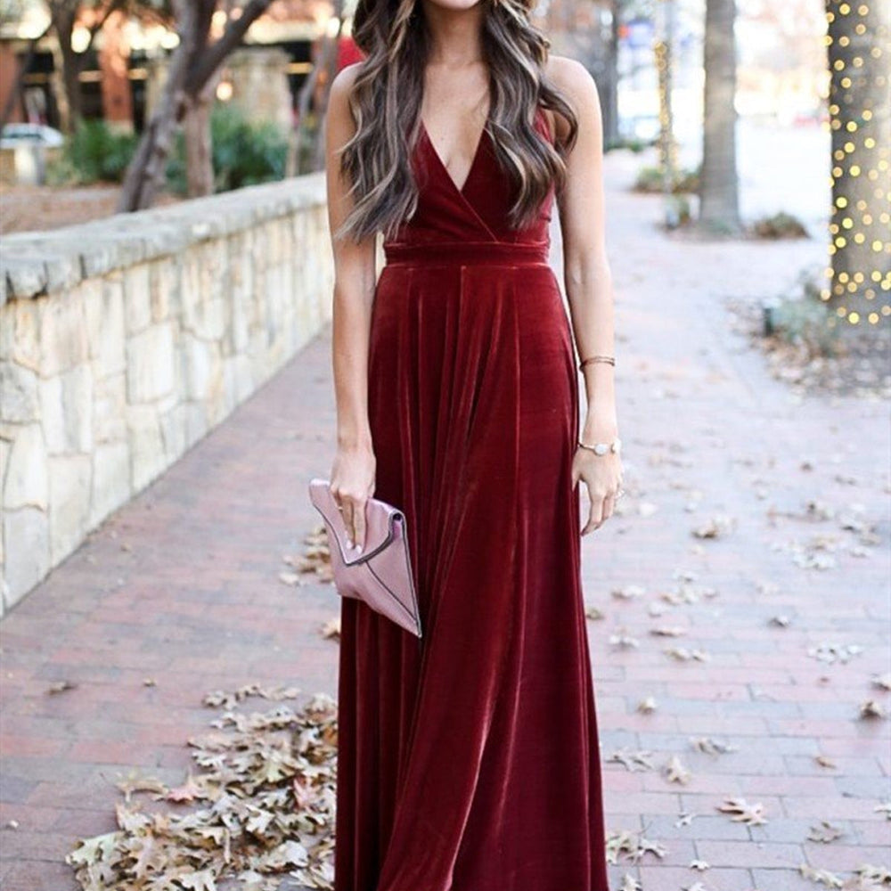 
                      
                        A Line Halter V Neck Backless Ankle Length Burgundy Prom Dresses, Backless Wine Red Velet Formal Dresses, Maroon Evening Dresses
                      
                    