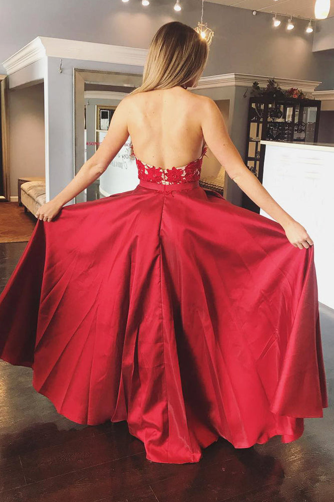 
                      
                        A Line Halter V Neck Backless Lace Appliques Red Prom Dresses, V Neck Red Formal Dresses, Red Lace Evening Dresses 2019
                      
                    