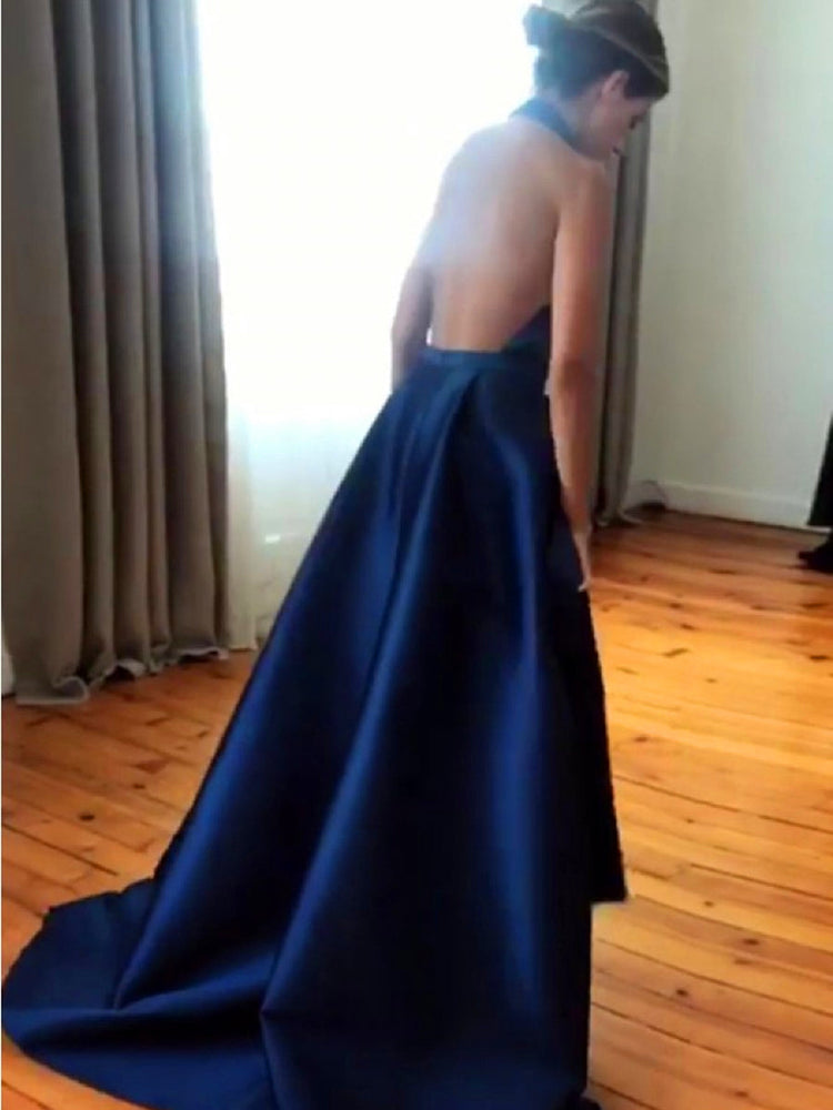 
                      
                        A Line Halter V Neck Backless Royal Blue Prom Dresses with High Slit, V Neck Royal Blue Formal Dresses, Royal Blue Backless Evening Dresses
                      
                    