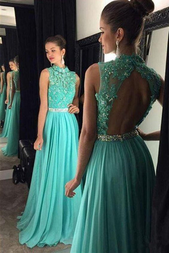 
                      
                        A Line High Neck Backless Lace Appliques Green Long Prom Dresses, Open Back Green Lace Formal Evening Graduation Dresses
                      
                    