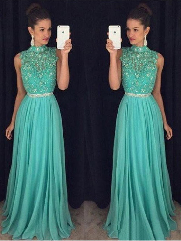 
                      
                        A Line High Neck Backless Lace Appliques Green Long Prom Dresses, Open Back Green Lace Formal Evening Graduation Dresses
                      
                    