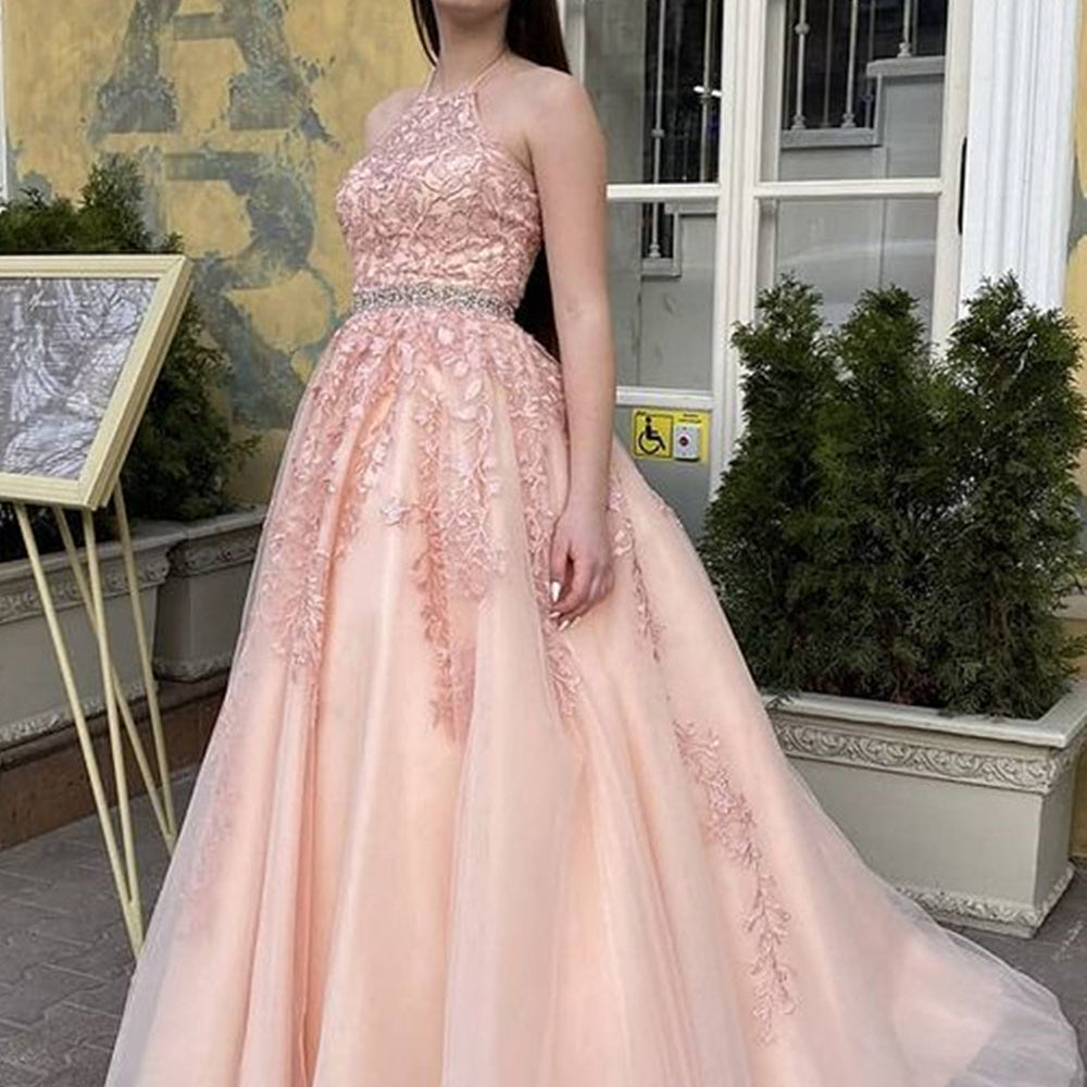 
                      
                        A Line High Neck Pink Lace Long Prom Dresses, Pink Lace Formal Graduation Evening Dresses
                      
                    