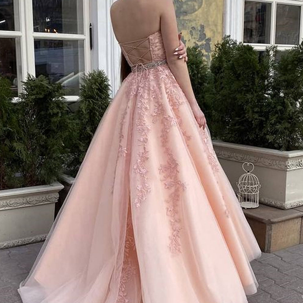 
                      
                        A Line High Neck Pink Lace Long Prom Dresses, Pink Lace Formal Graduation Evening Dresses
                      
                    