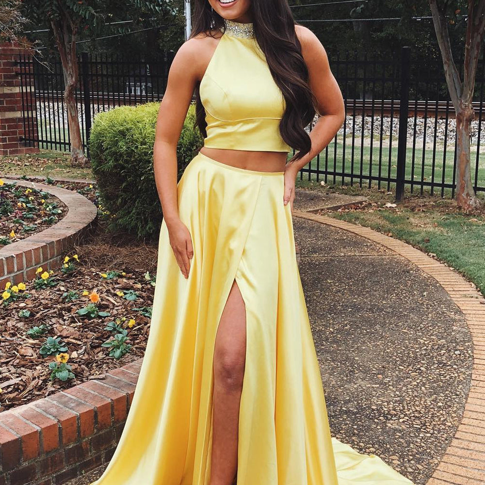 
                      
                        A Line High Neck Two Pieces Yellow Satin Long Prom Dresses with High  Yellow Formal Dresses, Evening Dresses
                      
                    