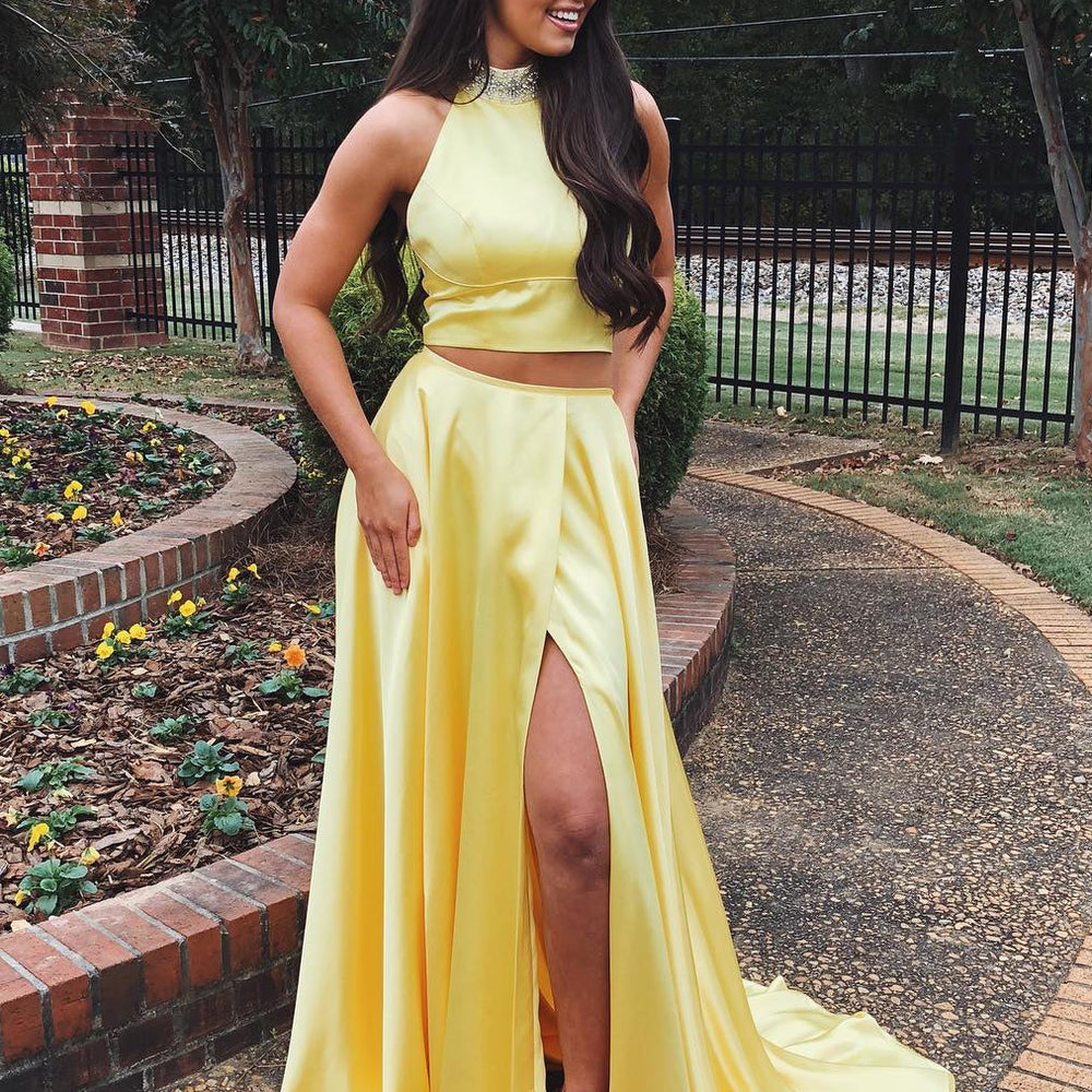 A Line High Neck Two Pieces Yellow Satin Long Prom Dresses with High  Yellow Formal Dresses, Evening Dresses