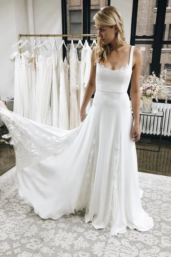 
                      
                        A Line Ivory Satin Wedding Dress With Appliques
                      
                    