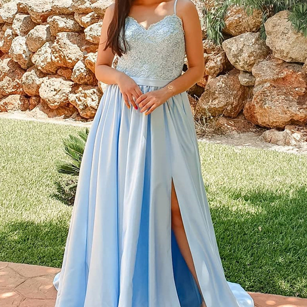 
                      
                        A Line Light Blue Lace Long Prom Dresses with Slit, Light Blue Lace Formal Dresses, Light Blue Evening Dresses
                      
                    