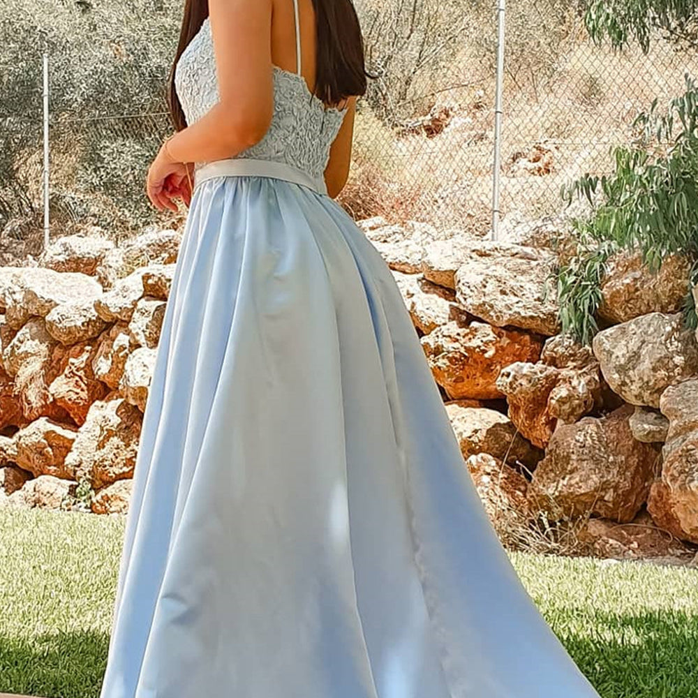 
                      
                        A Line Light Blue Lace Long Prom Dresses with Slit, Light Blue Lace Formal Dresses, Light Blue Evening Dresses
                      
                    