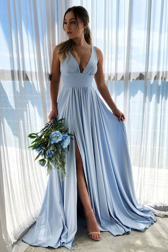 A Line Light Blue Long Prom Dress With Side Slit