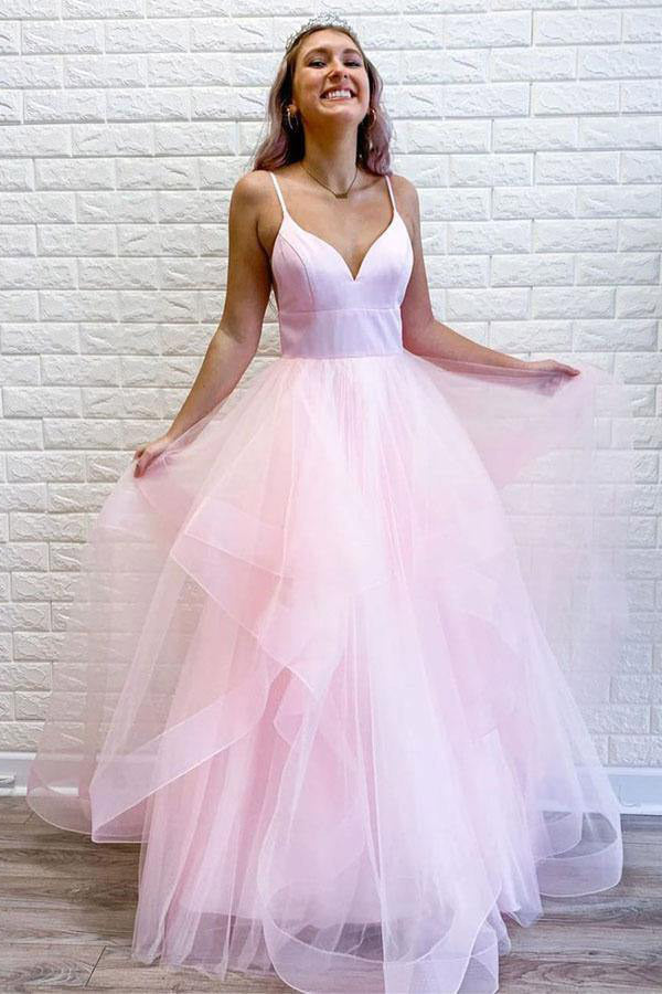 A-line Light Blue Tulle Long Prom Dress With Ruffles