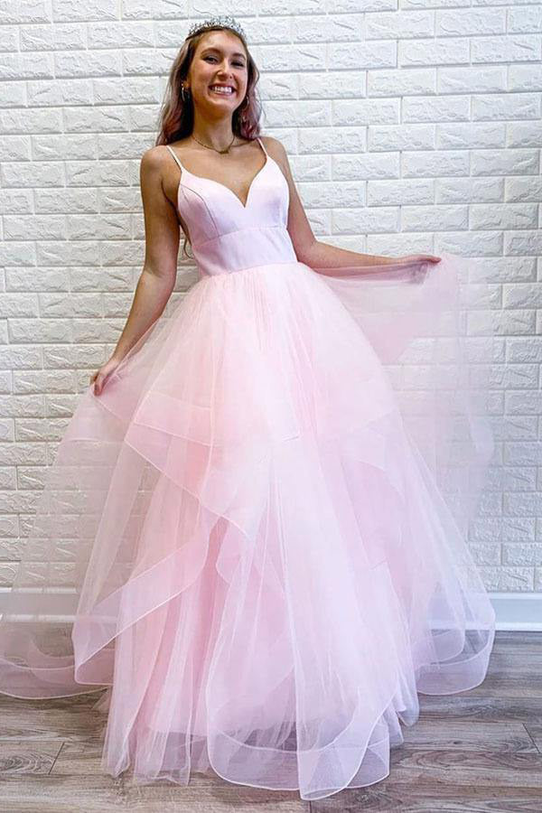 A-line Light Blue Tulle Long Prom Dress With Ruffles