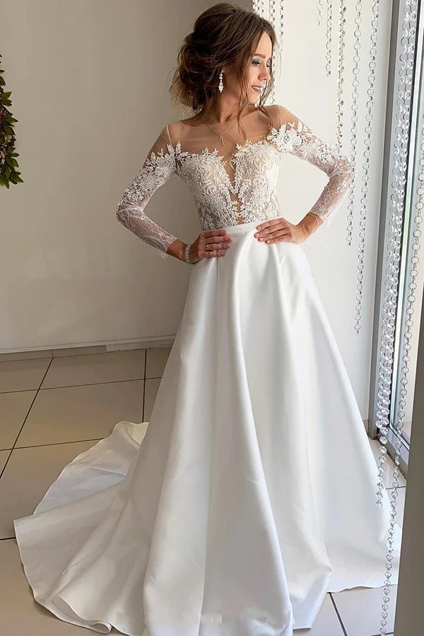 A Line Long Sleeve Ivory Satin Lace Wedding Dress