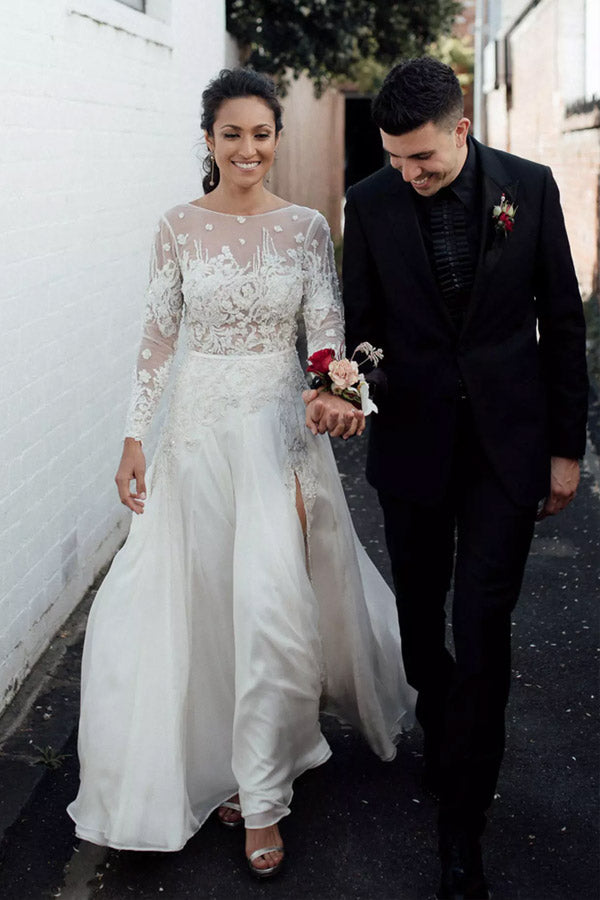 A Line Long Sleeve Lace Appliques Wedding Dress With Slit