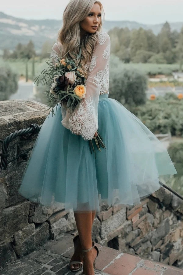 A-line Long Sleeve Lace Tulle Homecoming Dresses Short Prom Dresses