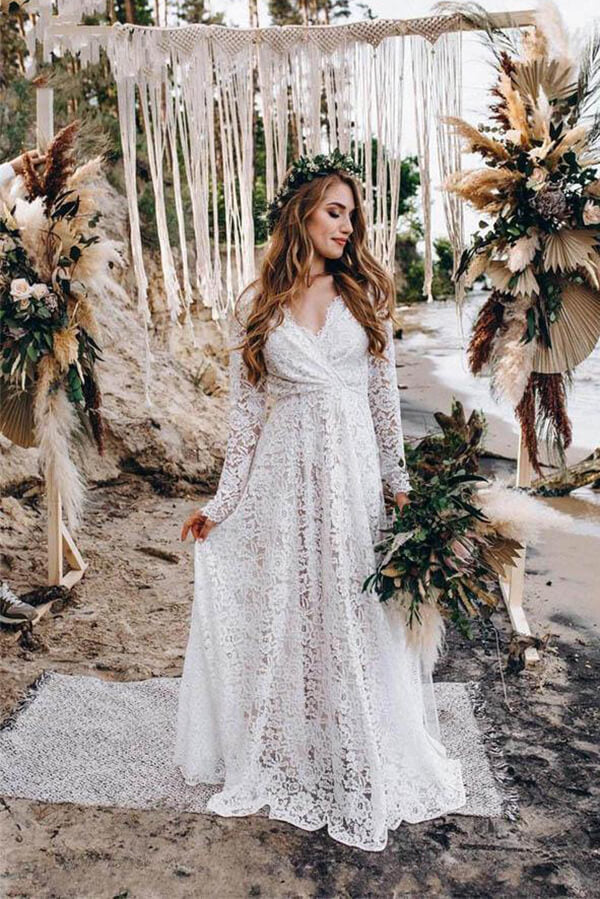 A-Line Long Sleeve Lace Wedding Dress Beach Bridal Gown