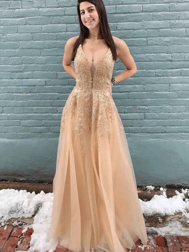 
                      
                        A Line Neck Champagne Lace Long Prom Dresses, Champagne Lace Formal Dresses, Champagne Evening Dresses
                      
                    