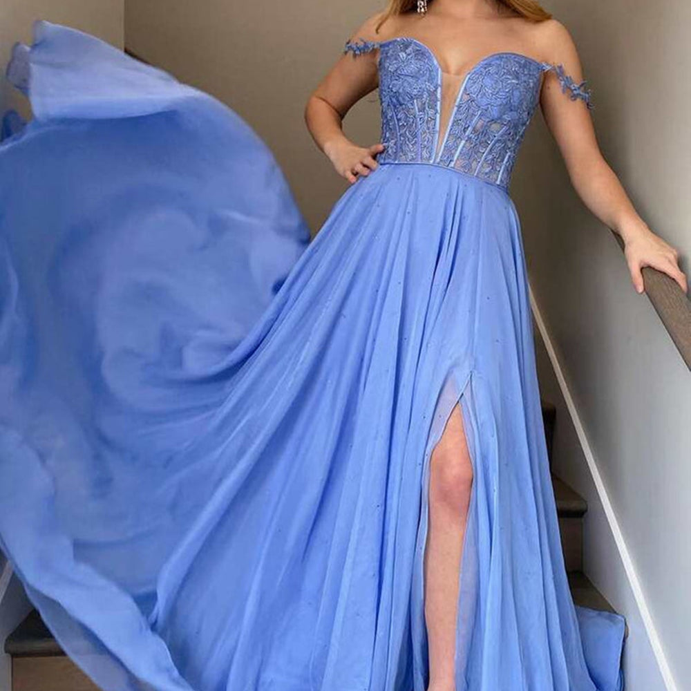 
                      
                        A Line Off The Shoulder Chiffon Lace Long Prom Dresses Long Evening Dresses
                      
                    