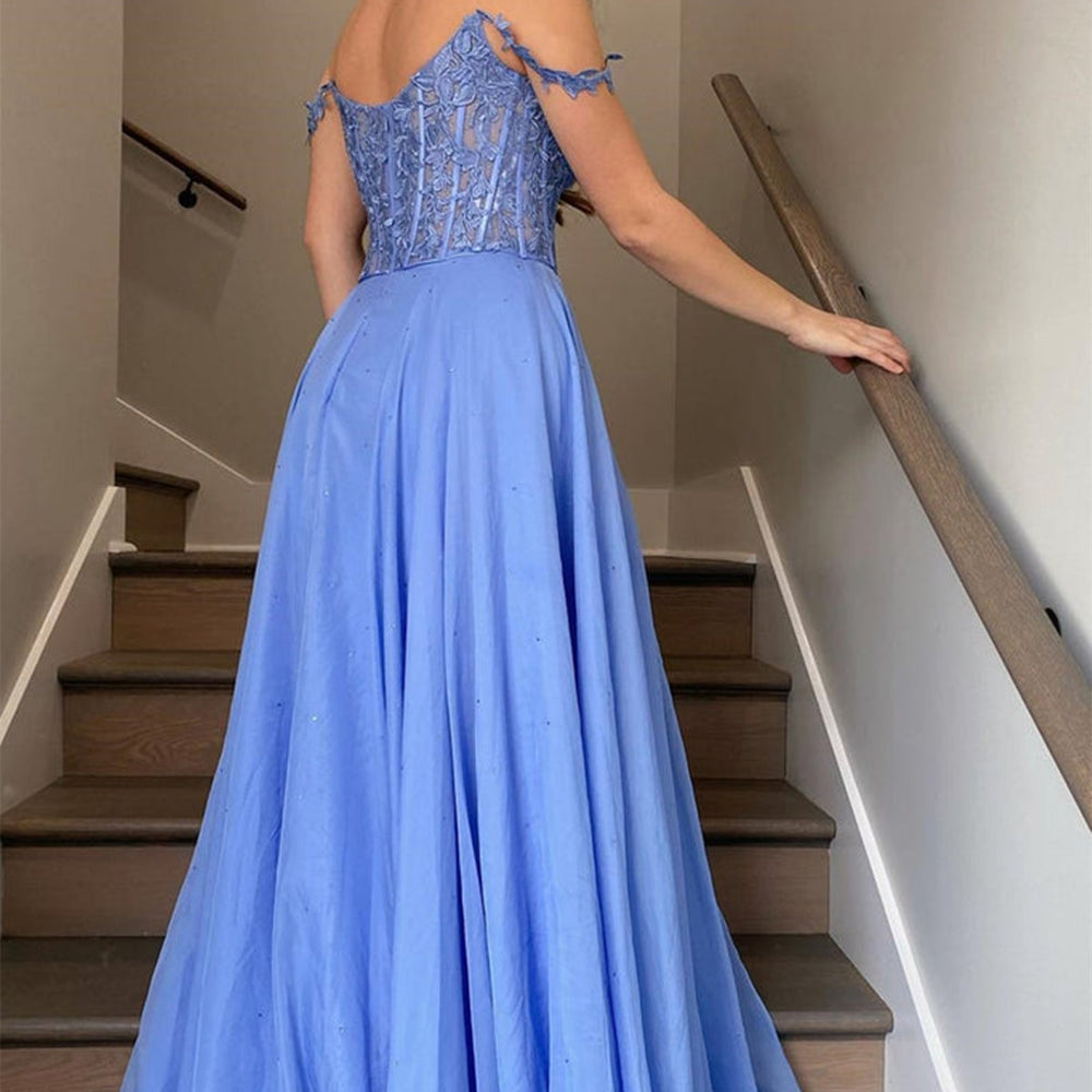 
                      
                        A Line Off The Shoulder Chiffon Lace Long Prom Dresses Long Evening Dresses
                      
                    