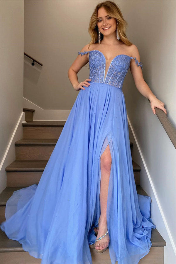 A Line Off The Shoulder Chiffon Lace Long Prom Dresses Long Evening Dresses