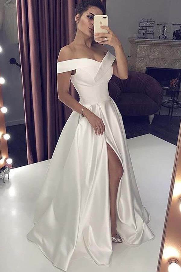 
                      
                        A Line Off The Shoulder Satin Prom Dress Split Evening Dress
                      
                    