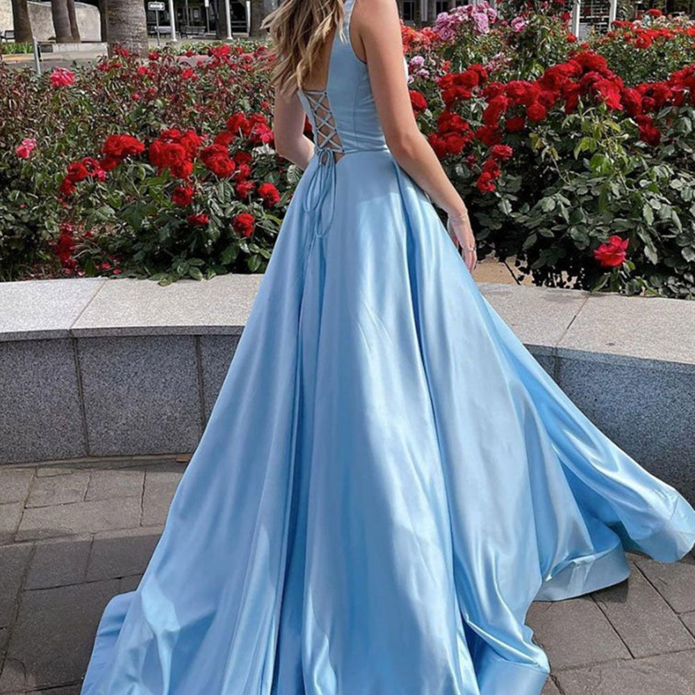 
                      
                        A Line Open Back Blue Satin Long Prom Dresses, Long Blue Formal Evening Dresses
                      
                    