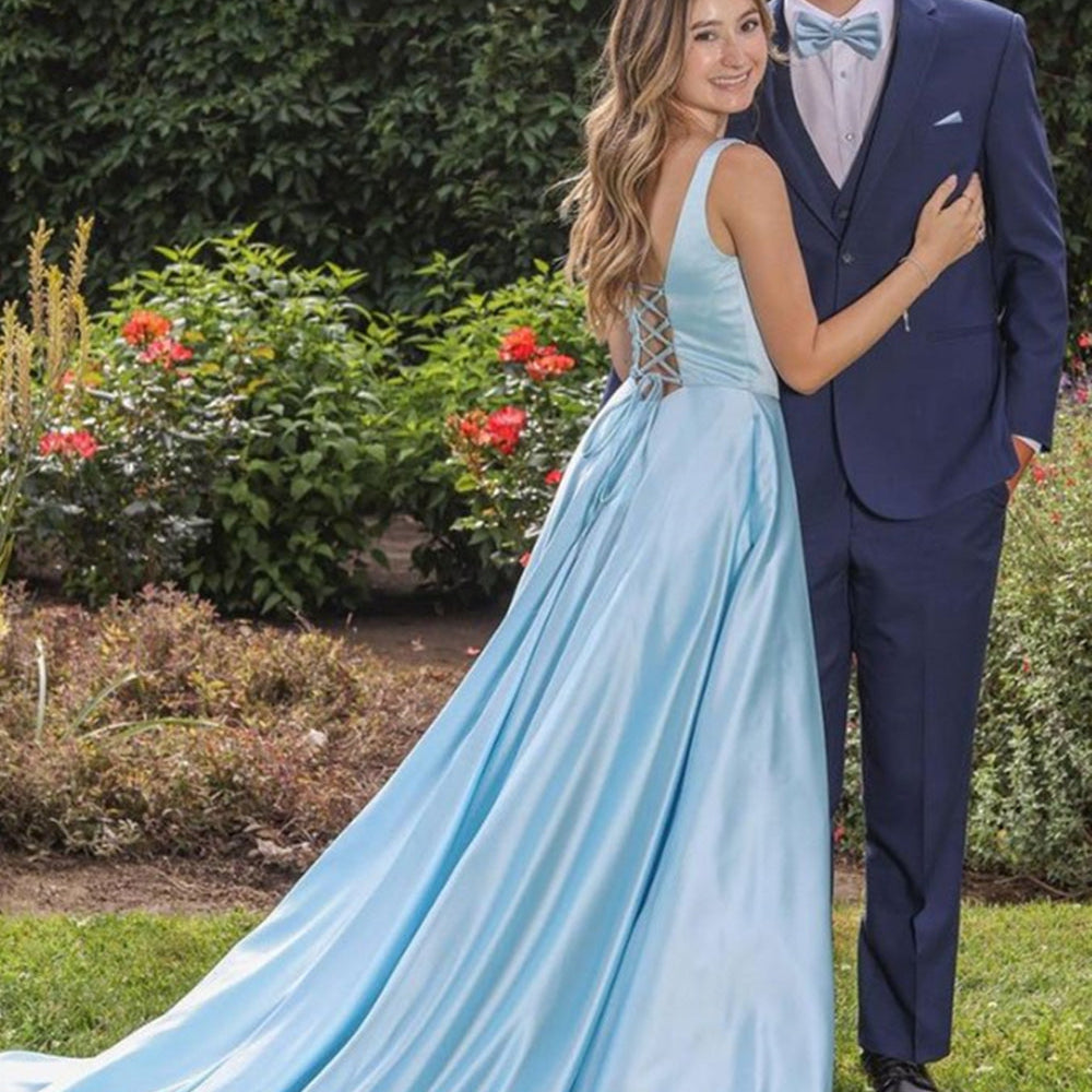 
                      
                        A Line Open Back Blue Satin Long Prom Dresses, Long Blue Formal Evening Dresses
                      
                    