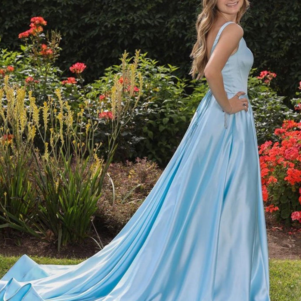 
                      
                        A Line Open Back Blue Satin Long Prom Dresses, Long Blue Formal Evening Dresses
                      
                    