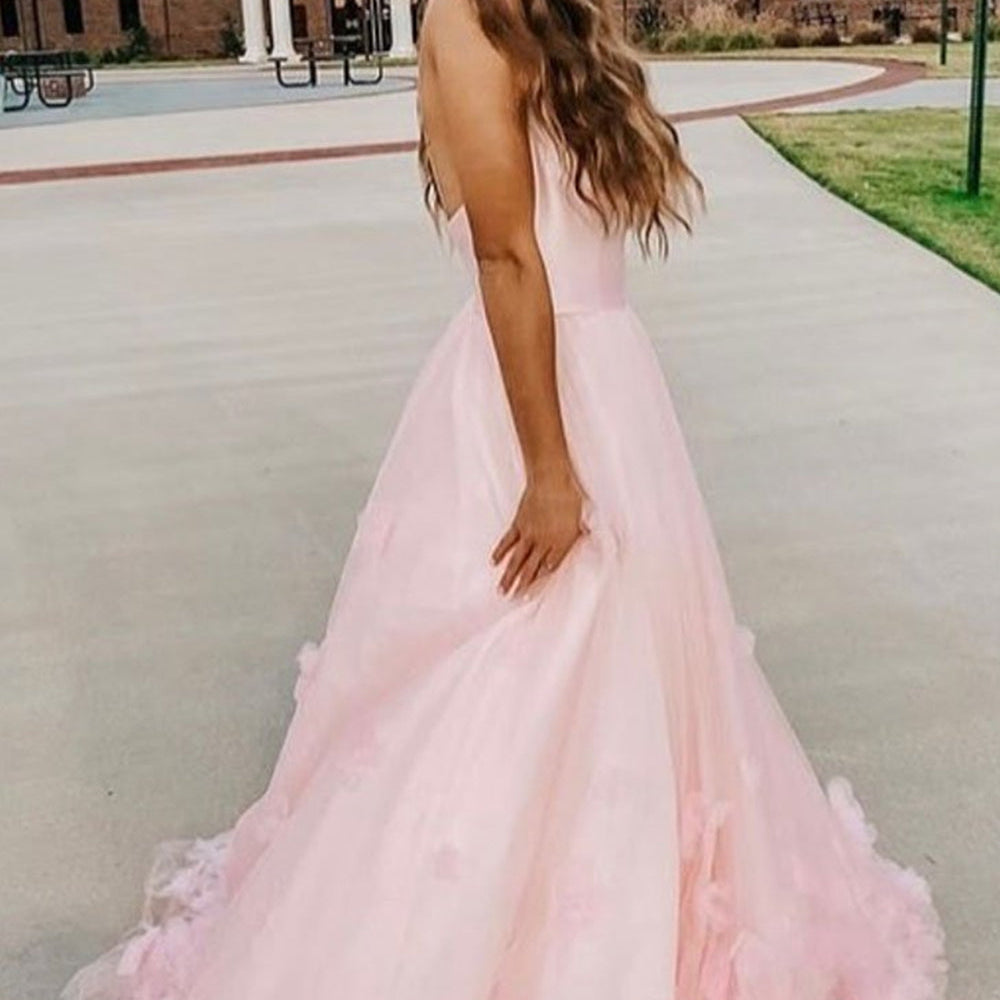 
                      
                        A Line Open Back Pink 3D Floral Long Prom Dresses with Thin Straps, 3D Flower Pink Formal Evening Dresses
                      
                    