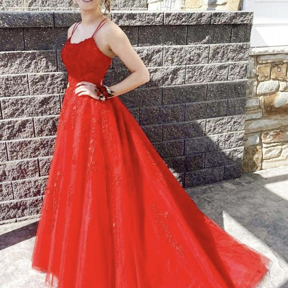 A Line Open Back Red Lace Long Prom Dresses, Red Lace Formal Dresses, Red Evening Dresses