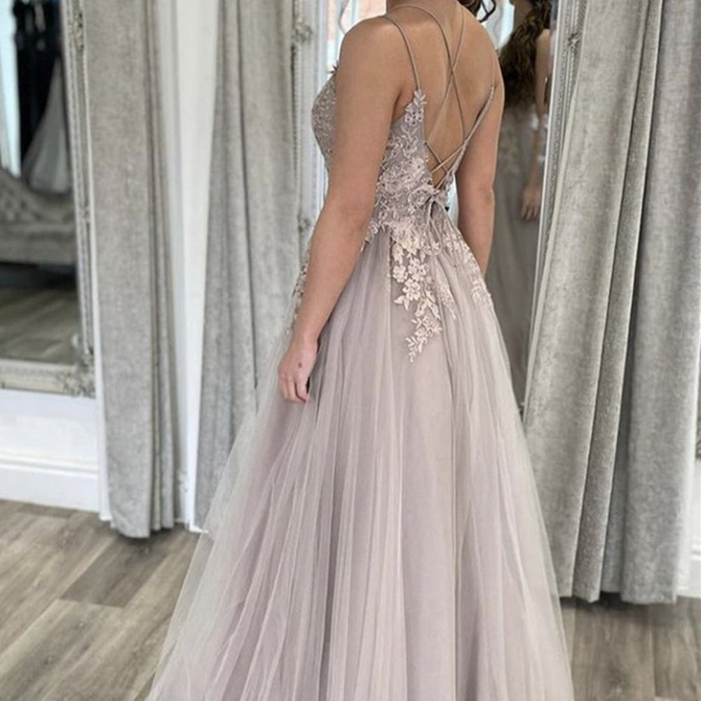 
                      
                        A Line Open Back Thin Strap Gray Lace Long Prom Dresses, Gray Lace Floral Formal Evening Dresses
                      
                    