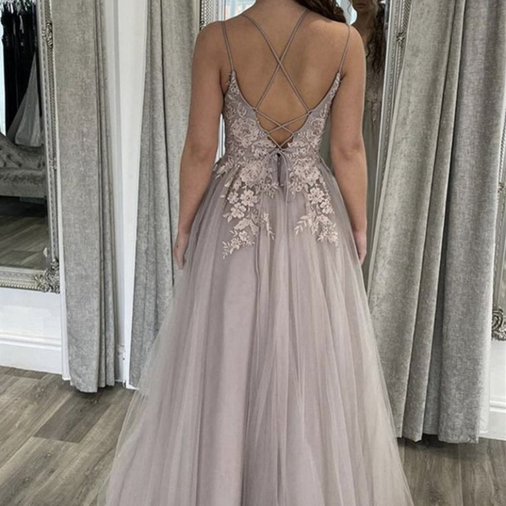 
                      
                        A Line Open Back Thin Strap Gray Lace Long Prom Dresses, Gray Lace Floral Formal Evening Dresses
                      
                    